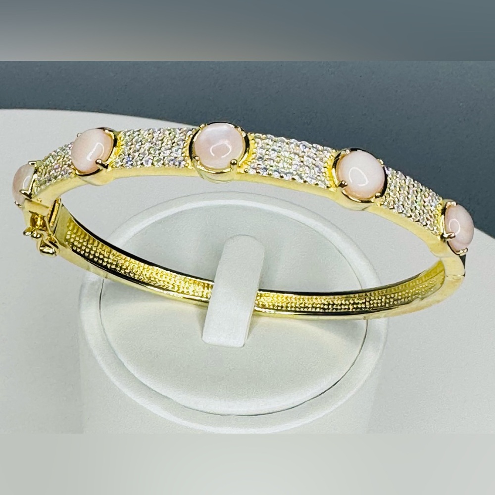 Pink Moonstone 18K Gold Sterling Silver Bangle Bracelet - Picture 7 of 7
